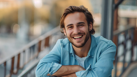 Portrait of a joyful male with a beaming smile in an urban setting exudes casual modern lifestyle. A.I.の素材