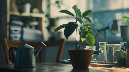 Potted green plant on a wood table amid home accessories creates a serene scene. rustic and natural. A.I.の素材