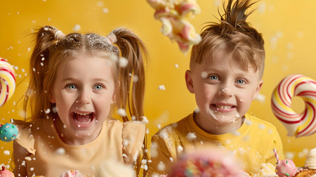 Two excited children with candies in a cheerful, vibrant setup. ideal for party and confectionery themes. A.I.の素材