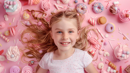 Portrait of a cheerful young girl with various confectioneries laid out around her, depicting a festive mood. A.I.の素材