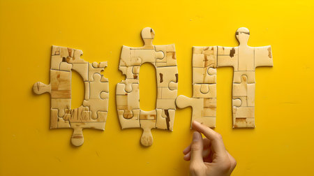 Hand completing 'ART' puzzle on yellow backdrop, symbolizing creativity, design, and innovation in education and art. A.I.の素材