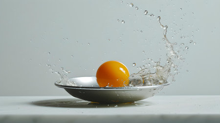 An egg mid-splash in a silver bowl against a neutral background, capturing movement and freshness in a kitchen setting. A.I.の素材