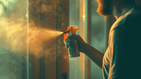 Photo for Close-up of a person's hands using a spray bottle to clean a window with warm sunlight. A.I. - Royalty Free Image