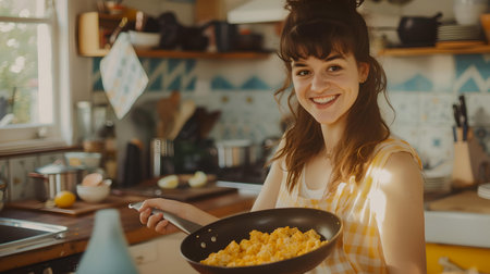 Radiant young woman enjoying home cooking in a brightly sunny kitchen, exuding casual charm and warmth. A.I.の素材