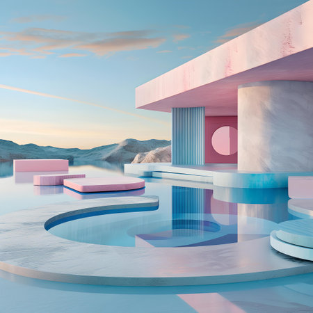 Abstract digital architecture with pastel colors and reflection in water. perfect for modern design projects. A.I.の素材