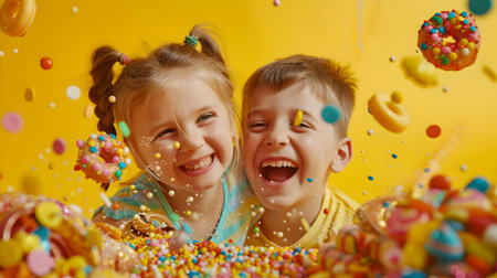 Two cheerful children in a shower of confetti, embodying joy and celebration in a vivid, dynamic scene. A.I.の素材