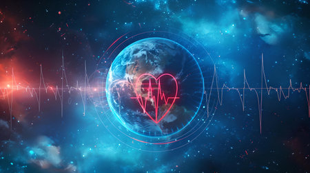 Futuristic global heartbeat concept with a neon heart and earth, blending sci-fi and wellness. A.I.の素材
