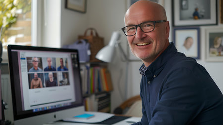 A joyous professional works at his desk with a computer in a home office filled with art. A.I.の素材