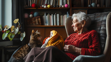 Senior lady enjoying a quiet moment with pet cat in a warm, sunlit room filled with books and plants. A.I.の素材