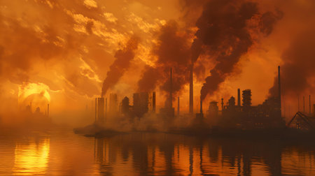 Fiery sunset over industrial city with thick smoke plumes. visual metaphor for environmental issues and climate change. A.I.の素材