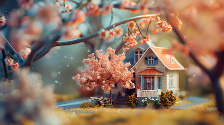 Idyllic small house surrounded by blossoming trees in a serene, dream-like setting. ideal for tranquil backgrounds. A.I.の素材