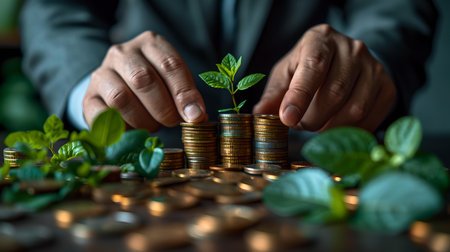 Close-up of hands carefully stacking gold coins with a sprout on top, depicting investment and growth. A.I.の素材