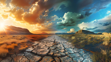 AI-crafted scenic view of a cracked road stretching into a vibrant sunset, ideal for backdrop use. A.I.の素材