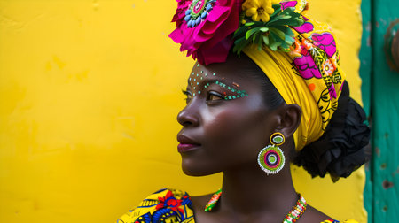 Colorful headscarf and dress on a poised woman, showcasing cultural fashion and elegance against a bright backdrop. A.I.の素材