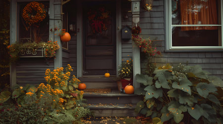 Autumn porch festively decorated with pumpkins, wreaths, and warm colors inviting the cozy fall season. A.I.の素材