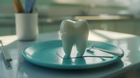 A 3d-rendered molar sitting on a plate with dental instruments, depicting oral hygiene attention in a clinic setting. A.I.の素材