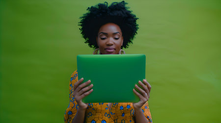 African american woman absorbed in using a digital tablet with a matching bright green backdrop. A.I.の素材