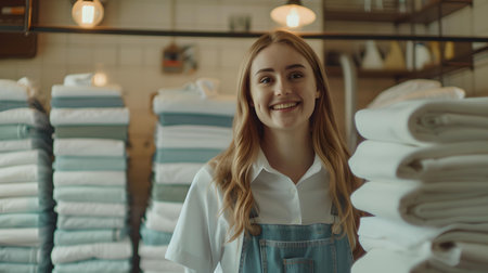 Friendly female employee in a laundry. stacks of clean lines in the background showing hygiene. A.I.の素材