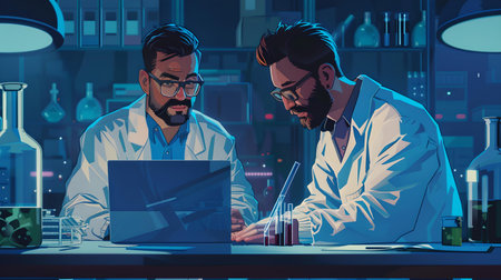 Researchers analyze data on laptop in a high-tech lab environment with lab equipment. collaboration in science. A.I.の素材