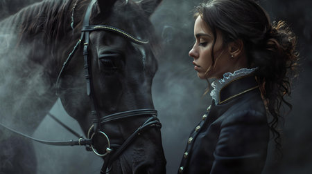 Elegant woman stands with a majestic horse in a moody, dark setting conveying a narrative of companionship. A.I.の素材