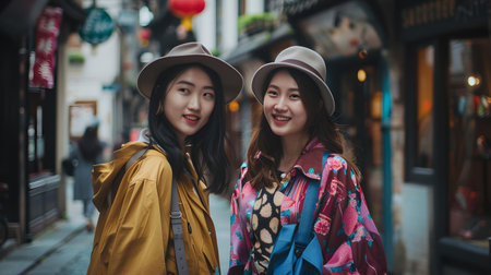 Fashionable female friends sharing a moment. city vibe, youth style. perfect for modern lifestyle content. A.I.の素材