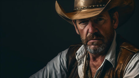 Intense cowboy with a stern look. western-themed portrait, ideal for lifestyle and culture visuals. A.I.の素材