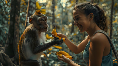 A joyful encounter in the wild showing a friendly exchange of food between a woman and a monkey. A.I.の素材