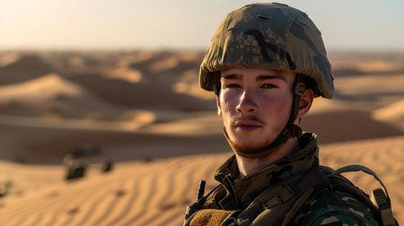 A focused young soldier wearing combat uniform and helmet against a backdrop of sandy dunes at sunset. A.I.の素材