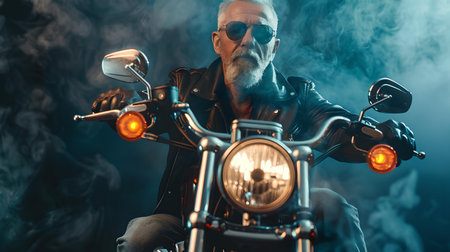 Elderly man with sunglasses on a motorcycle, surrounded by fog for a mystic feel. A.I.の素材