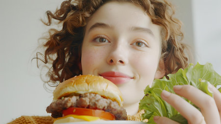 Happy curly-haired female enjoys a cheeseburger. ideal for advertising healthy fast food options and lifestyle. A.I.の素材
