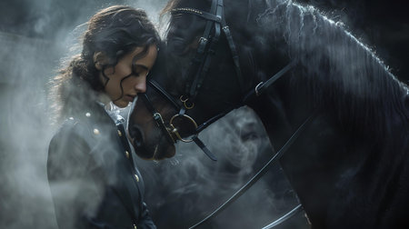 An intimate moment between a horse and rider enveloped in mist. image conveys connection and grace in a serene atmosphere. A.I.の素材