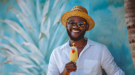 Smiling man with sunglasses and a sunhat holding an ice pop on a sunny day, evoking a carefree holiday feel. A.I.の素材