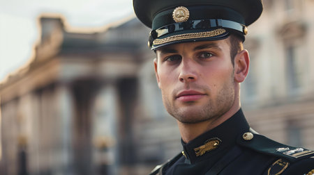 Stoic young man in dress uniform, exuding confidence and respect. perfect for military themes. A.I.の素材