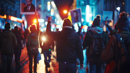Protesters with lit signs march at night in urban setting, showcasing activism and unity in a dynamic scene. A.I.の素材