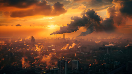 Sunset sky burning with orange hues over smoke-emitting industrial skyline, highlighting environmental issues. A.I.の素材