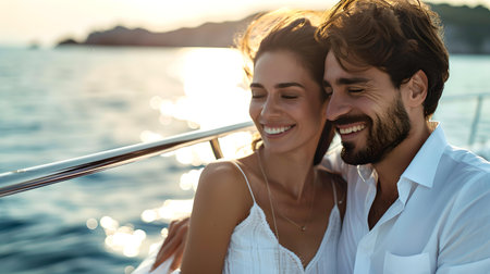 A smiling couple shares an intimate moment on a boat at sunset, embodied romance and leisurely lifestyle. A.I.の素材