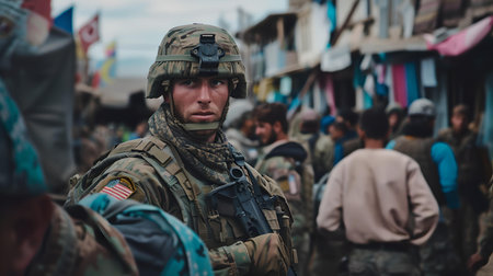 A focused soldier with helmet and camouflage in a crowded market scene, depicting military-civilian interaction. A.I.の素材