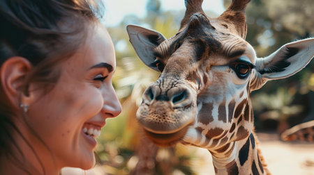 Laughing woman up close with a giraffe. warm, heartfelt moment of connection with wildlife captured on camera. A.I.の素材