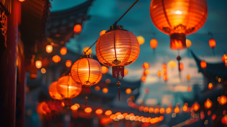 Bokeh effect of vibrant red lanterns glowing at dusk. ideal for festival and culture-themed projects. A.I.の素材