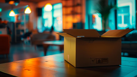 An open box sits on a table with warm ambient lighting, suggesting a delivery or unboxing theme. A.I.の素材