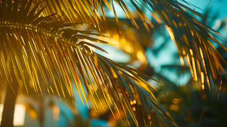 Golden sunlight filters through palm leaves. ideal for vacation-themed designs and summer backgrounds. A.I.の素材