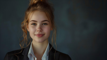 Portrait of a smiling young woman with professional attire against a dark backdrop. perfect for corporate use. A.I.の素材