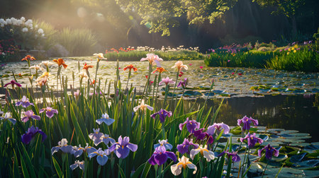 Peaceful pond scene with colorful flowers bathed in golden morning light reflects nature's calm. A.I.の素材
