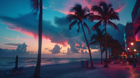 Dreamy sunset on a tropical beach with neon lights and palm trees, evoking a peaceful yet vibrant mood. A.I.の素材