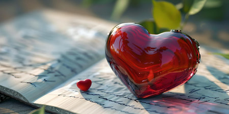 Red glass heart on a book's pages, capturing the essence of romance in a tranquil, literary setting. A.I.の素材