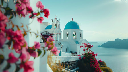 Idyllic view of greek island with blue domed buildings and pink flowers. ideal for travel and cultural themes. A.I.の素材