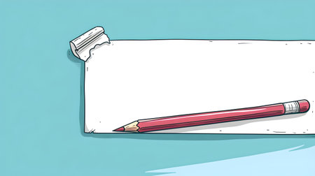 Artistic illustration of a pencil and eraser on a blank paper, symbolizing beginning, creativity, and work. A.I.の素材