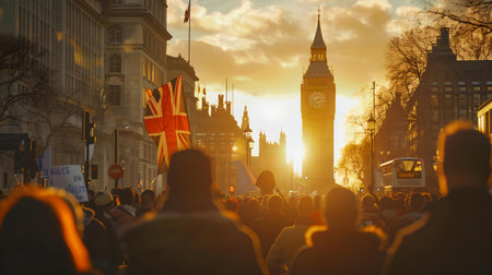 Crowds navigate a London street as the sun sets by big ben, highlighted by golden light and british flags. A.I.の素材