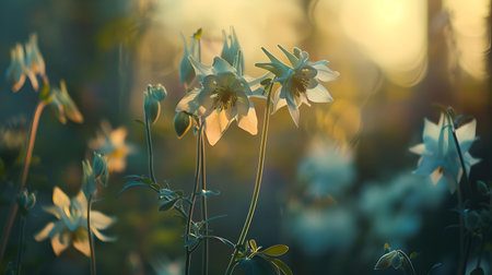 Wildflowers in soft focus glow with warm sunlight. perfect for serene, natural-themed projects and backgrounds. A.I.の素材