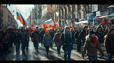 A diverse group of protesters march on a city street, advocating with banners. a peaceful, powerful public statement. A.I.の素材